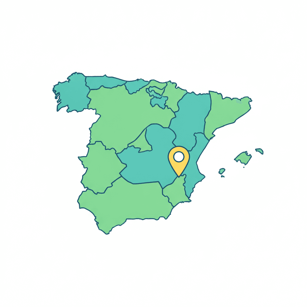 Mapa de España con las regiones diferenciadas y un marcador sobre una de ellas