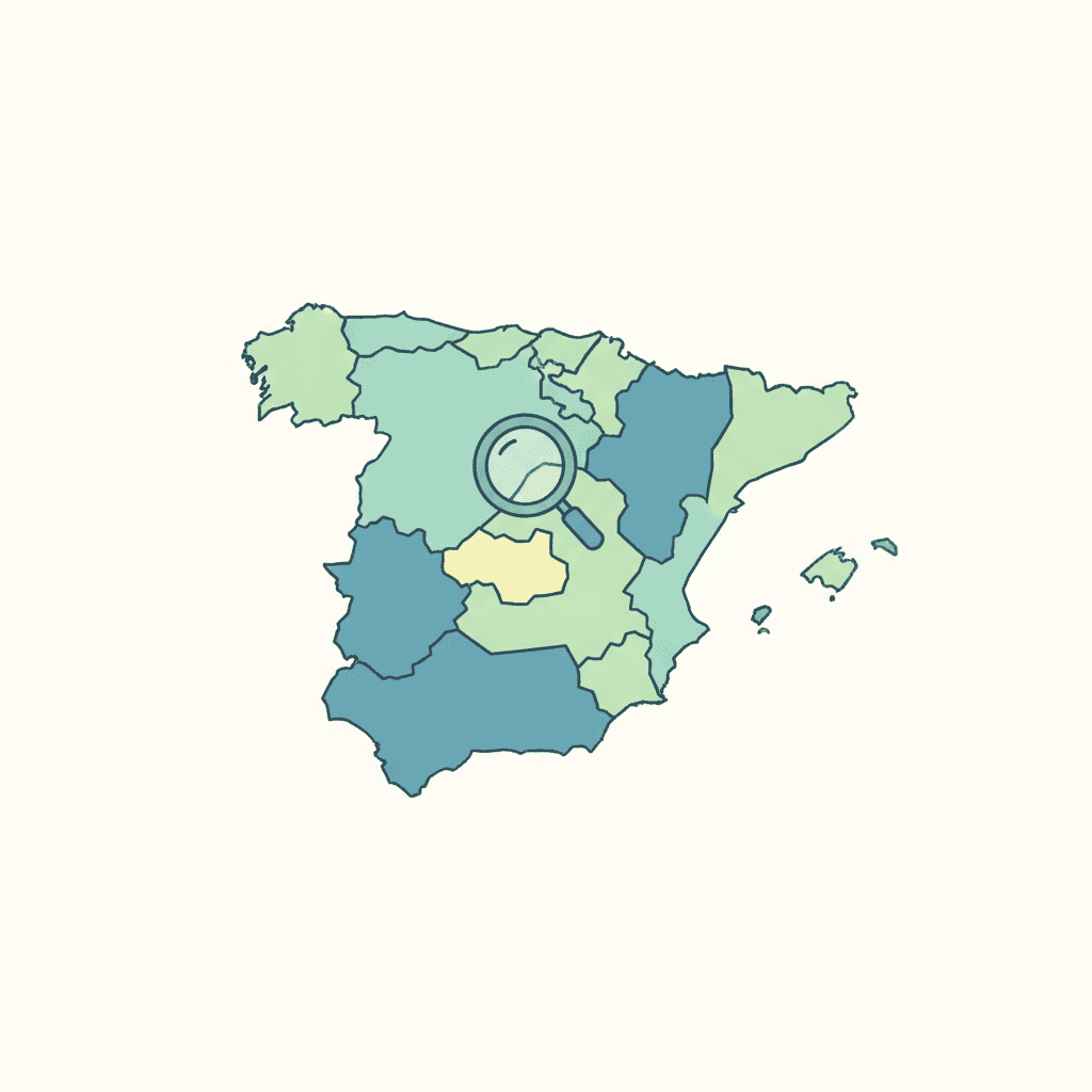 Mapa de España con un marcador señalando una comunidad autónoma para buscar su convocatoria