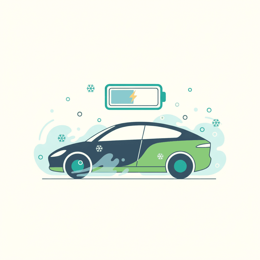 Coche eléctrico rodeado de copos de nieve con un indicador de batería más corto por el frío