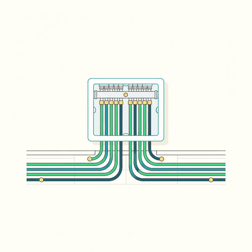 Ilustración vectorial plana de un colector de suelo radiante abierto en un armario, con dos peines horizontales y varios tubos de circuitos conectados, sin texto