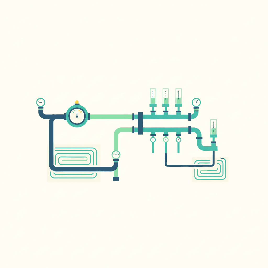 Ilustración vectorial plana de un técnico ajustando un detentor en el colector de suelo radiante mientras un termostato de pared muestra la temperatura de una estancia, sin texto