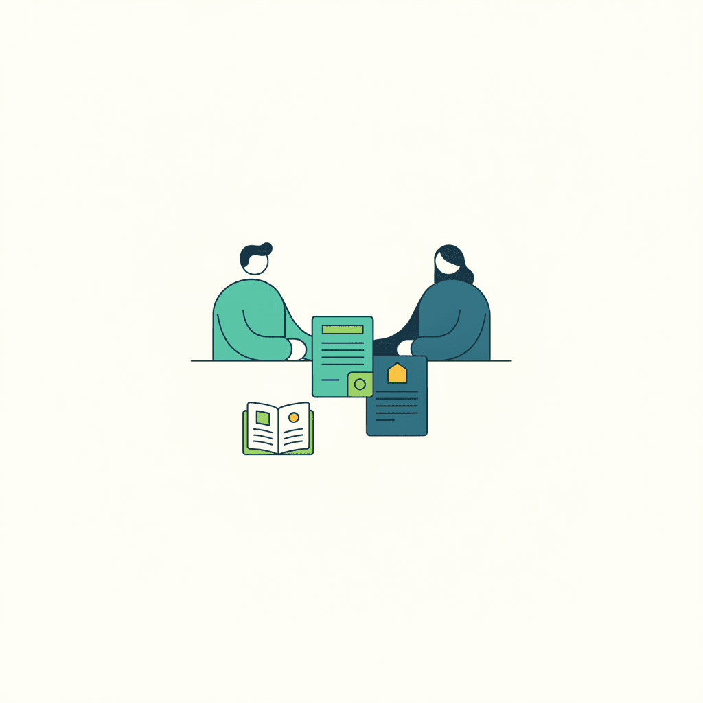 Ilustración vectorial plana de un instalador y una persona firmando un documento de convenio junto a un icono de flecha de pago dirigida hacia el instalador, sin texto
