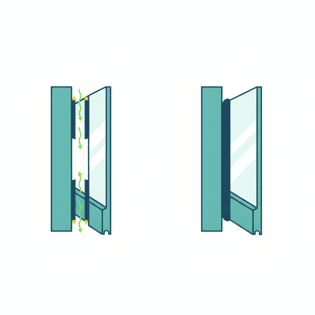 Ilustración vectorial plana comparando tres sistemas de ventana —corredera convencional, corredera elevable y practicable— con iconos de estanquidad y tamaño de hoja, sin texto