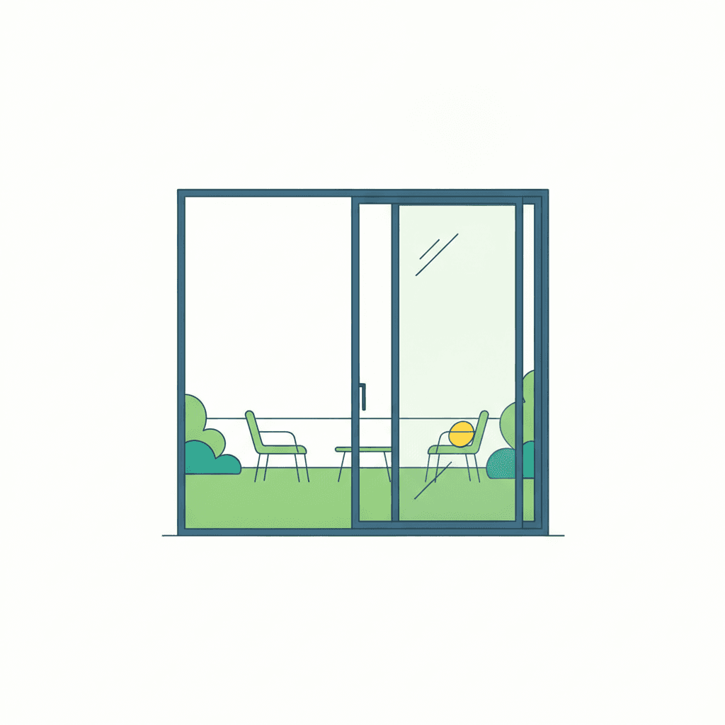 Ilustración vectorial plana de una ventana corredera elevable de gran formato abierta hacia una terraza, sin texto