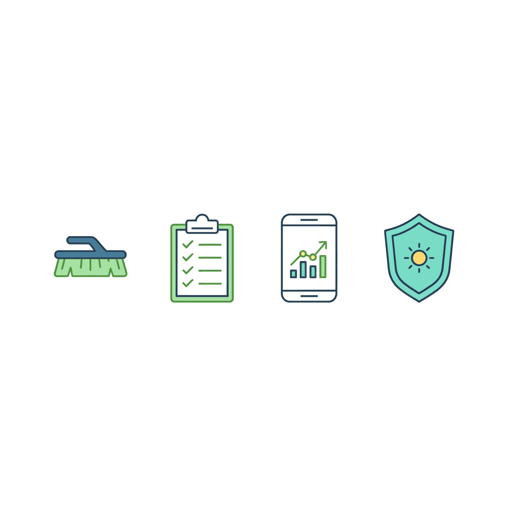 Ilustración vectorial plana con cinco iconos en fila representando las partidas del coste de mantener placas solares: limpieza, revisión técnica, monitorización, seguro e inversor, sin texto