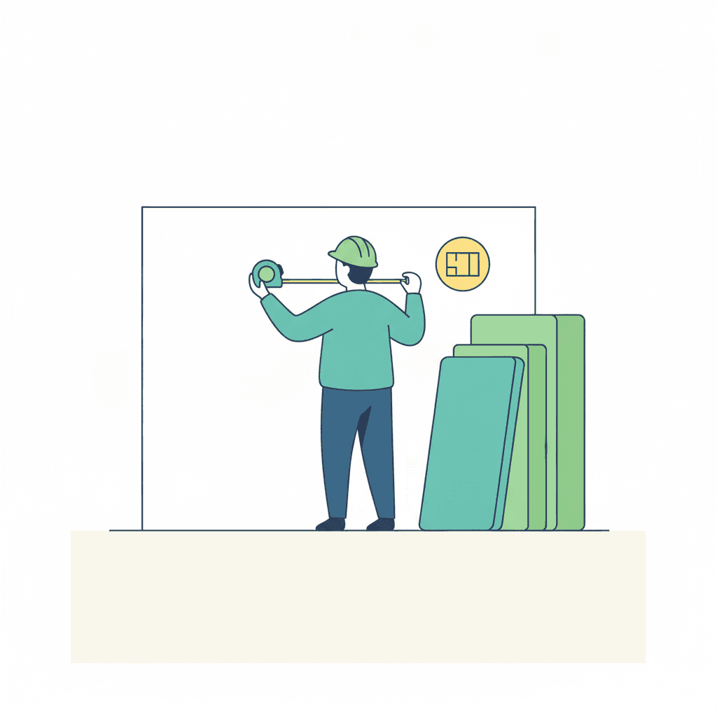Ilustración vectorial plana de una habitación en corte mostrando los muros exteriores con paneles de aislamiento y una cinta métrica midiendo la superficie, sin texto