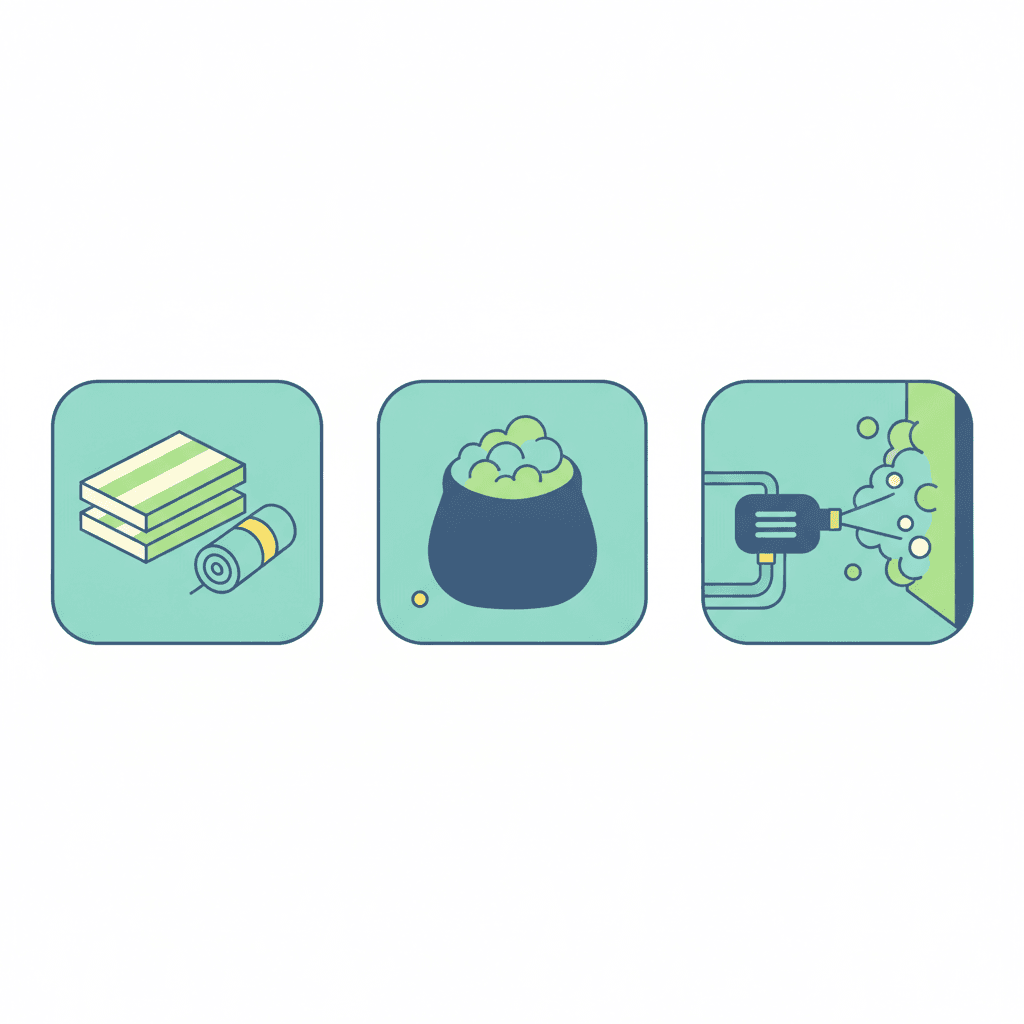 Ilustración vectorial plana con iconos de materiales de aislamiento -paneles rígidos, un rollo de manta, un saco de celulosa y una pistola de espuma proyectada- junto a su unidad de venta, sin texto