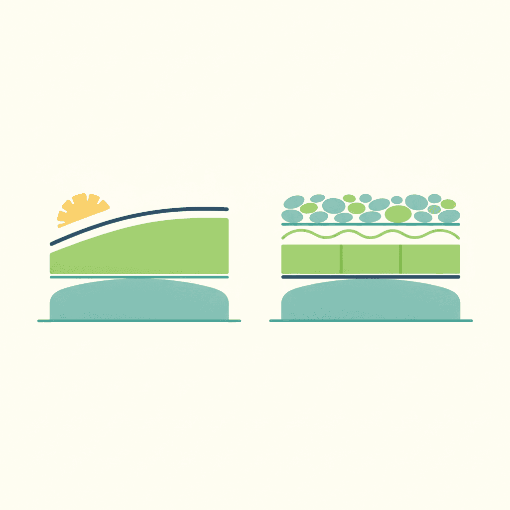 Ilustración vectorial plana comparando dos cortes de cubierta: cubierta convencional con el aislante debajo de la lámina impermeabilizante, y cubierta invertida con el aislante encima protegiendo la lámina, sin texto
