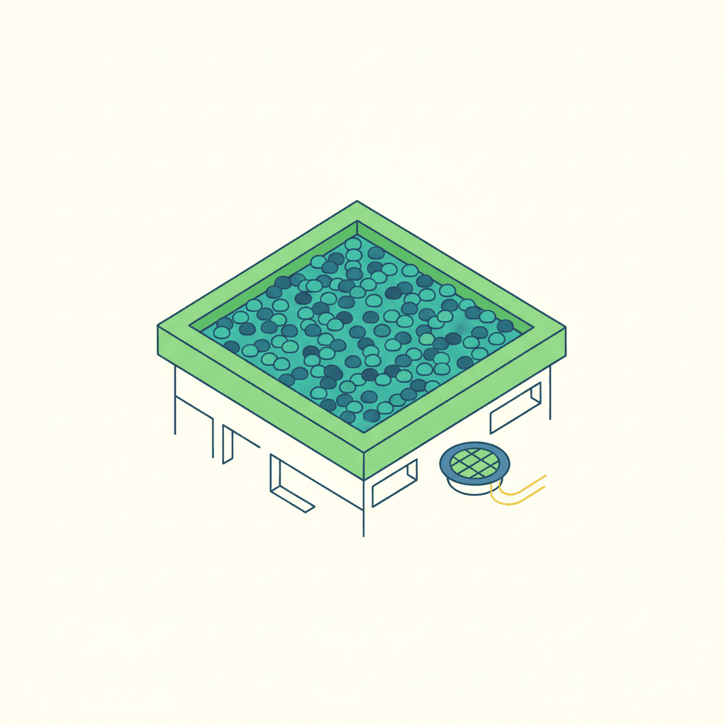 Ilustración vectorial plana de una azotea en corte mostrando las capas de una cubierta plana, aislante y lámina impermeabilizante junto a un sumidero, sin texto