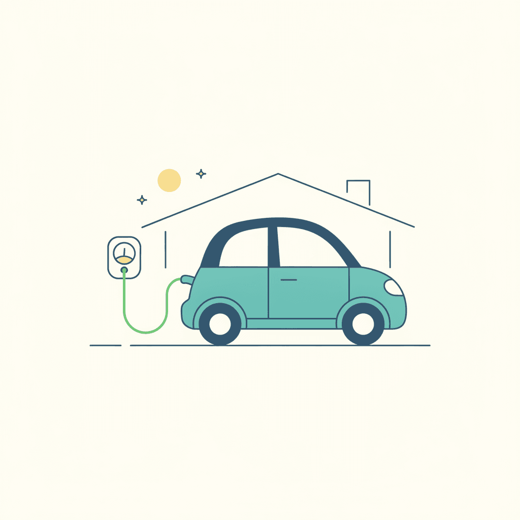 Coche eléctrico cargando en casa por la noche con un contador que marca un coste bajo