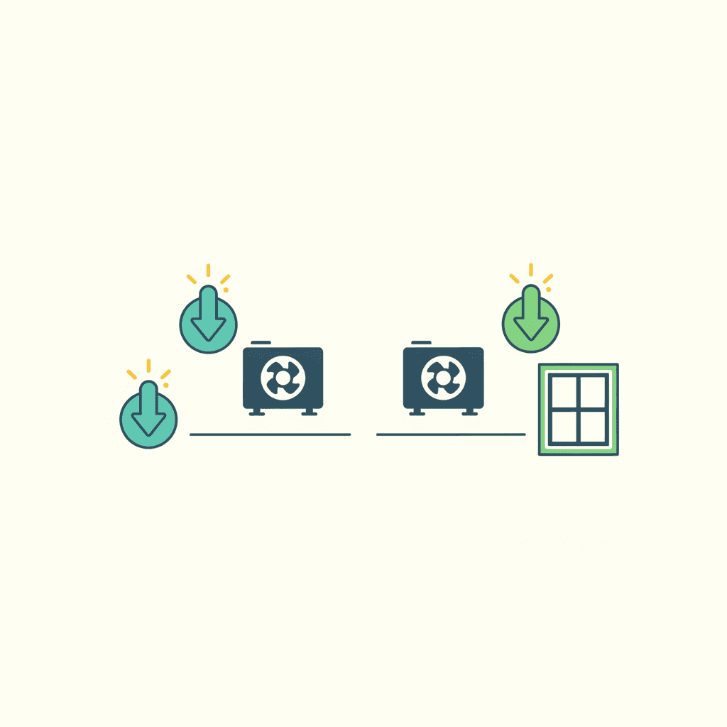 Ilustración vectorial plana de tres escenarios comparados: dos ayudas sobre una misma bomba de calor, dos ayudas repartidas entre una bomba de calor y una ventana, y una ayuda junto a un icono de declaración de la renta