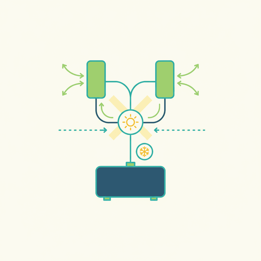 Ilustración vectorial plana con iconos de las limitaciones de un aire acondicionado 2x1: un termostato con los modos frío y calor bloqueados a la vez, un medidor de potencia por debajo del máximo y una unidad exterior averiada con dos habitaciones desconectadas, sin texto