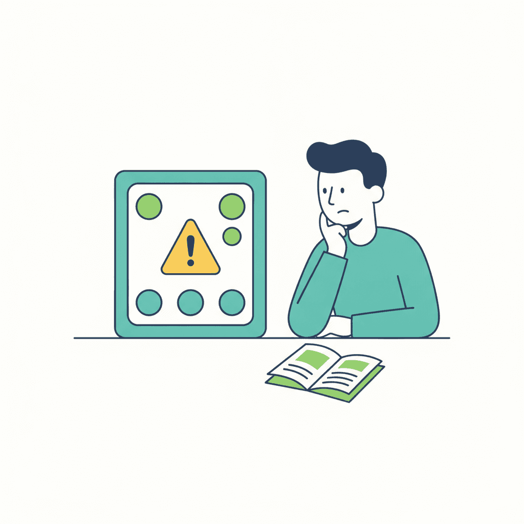 Ilustración vectorial plana de una unidad exterior de aerotermia con un panel de control mostrando un icono de aviso, sin texto, sobre fondo neutro