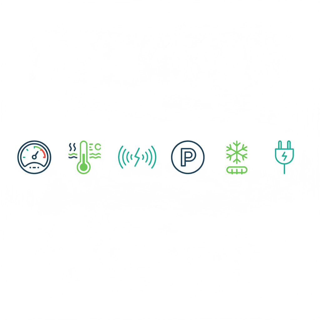 Ilustración vectorial plana con seis iconos representando familias de avería de la aerotermia: una gota de agua para presión, un termómetro para la sonda, una señal para la comunicación, un manómetro para el circuito frigorífico, un copo de hielo para el descarche y un rayo para lo eléctrico, sin texto