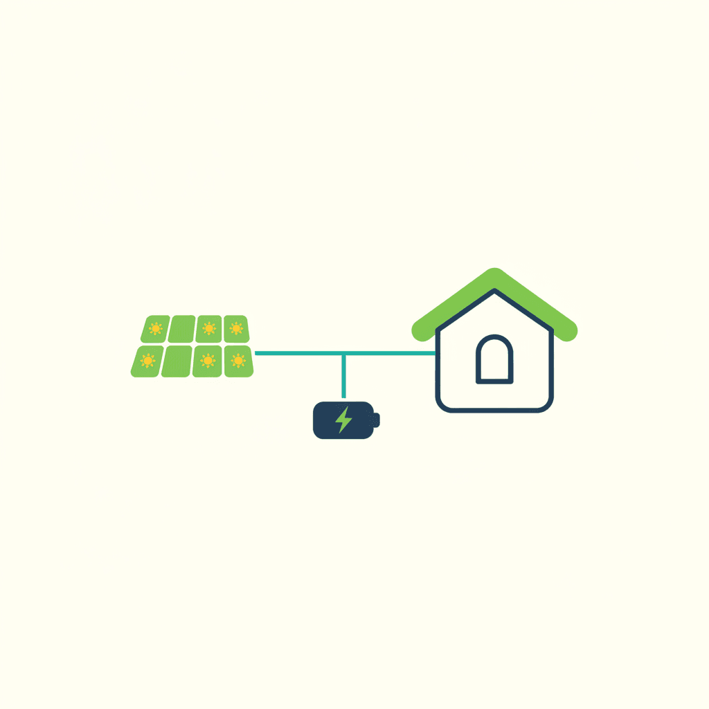 Esquema de una instalación de placas solares con batería intercalada entre el inversor y el cuadro eléctrico, incluyendo el cuadro de cargas esenciales para el respaldo ante un apagón
