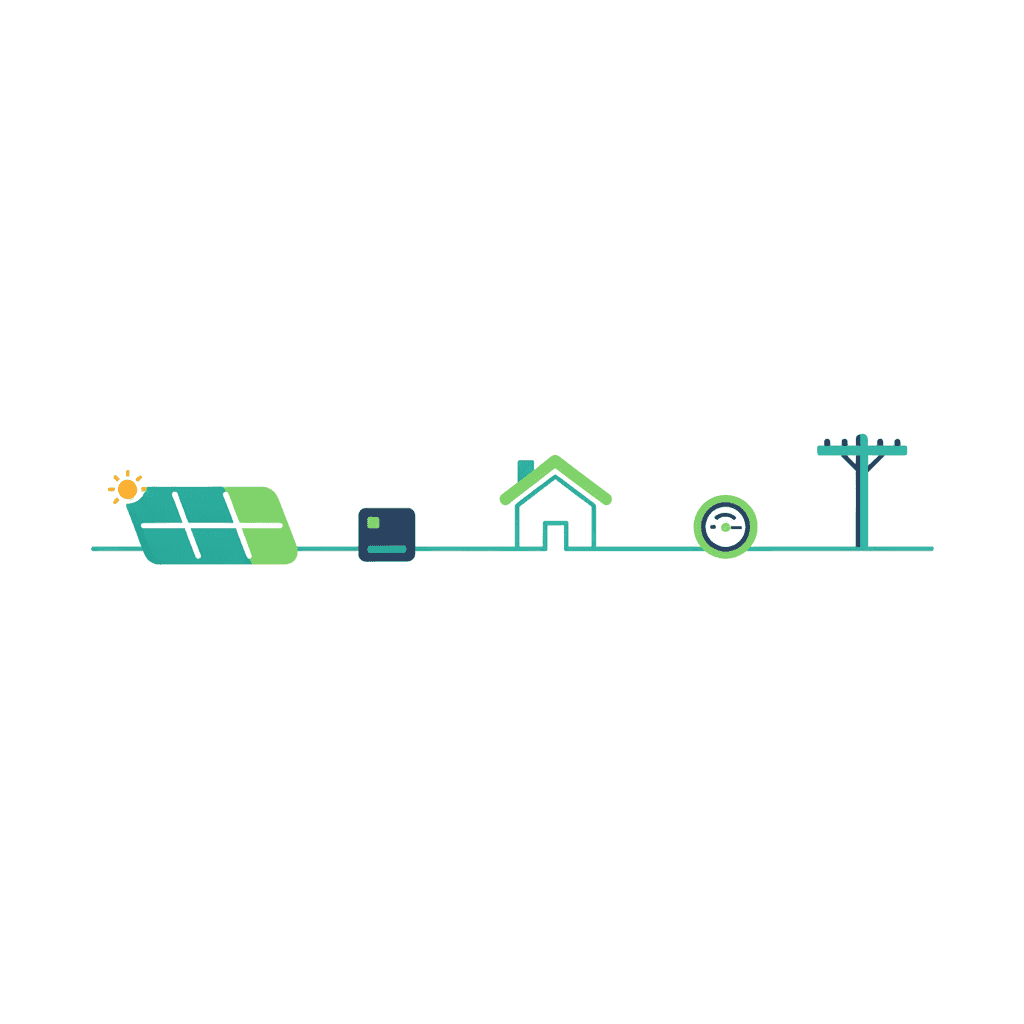 Ilustración del esquema de una instalación de placas solares en una vivienda, con los paneles en el tejado, el inversor, el cuadro eléctrico y el contador bidireccional conectados en su orden