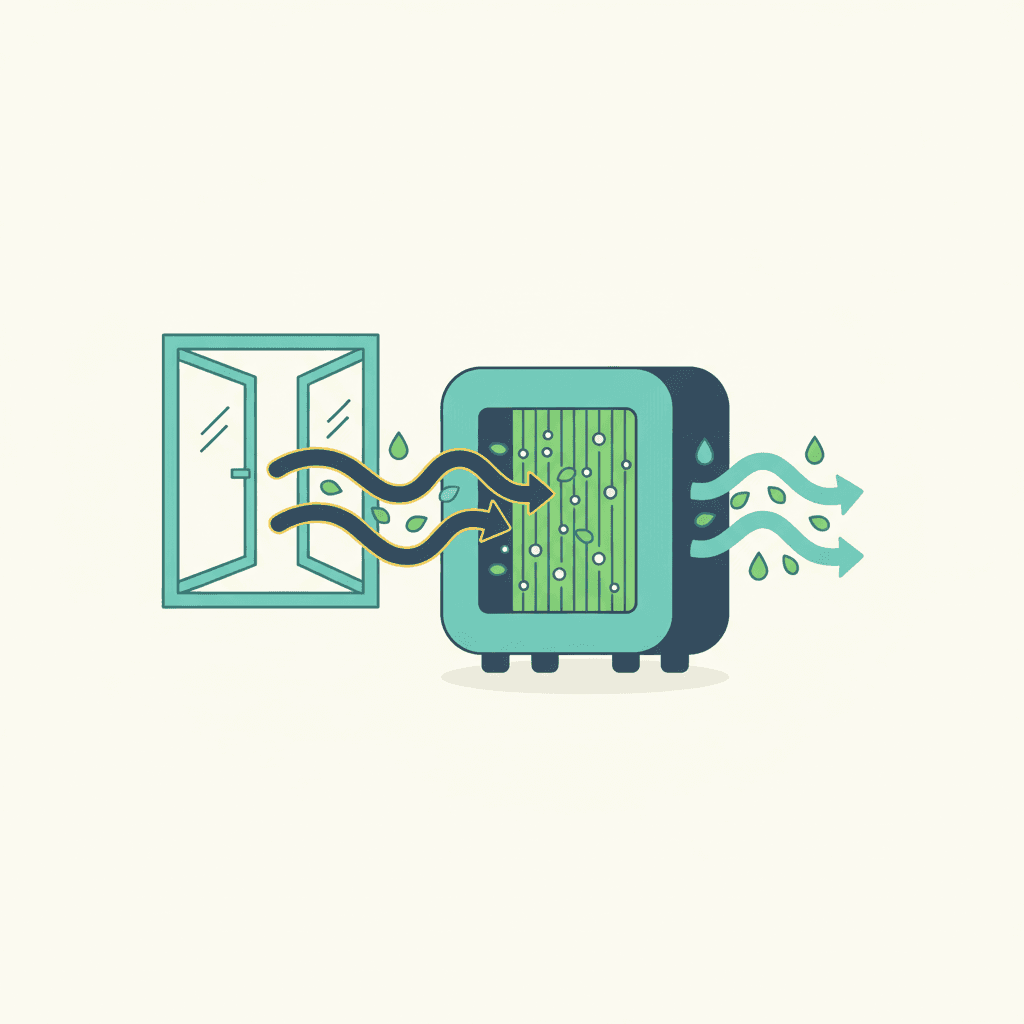 Ilustración vectorial plana, sin texto, del funcionamiento interno de un climatizador evaporativo: aire seco entrando, atravesando unos paneles húmedos y saliendo como aire fresco