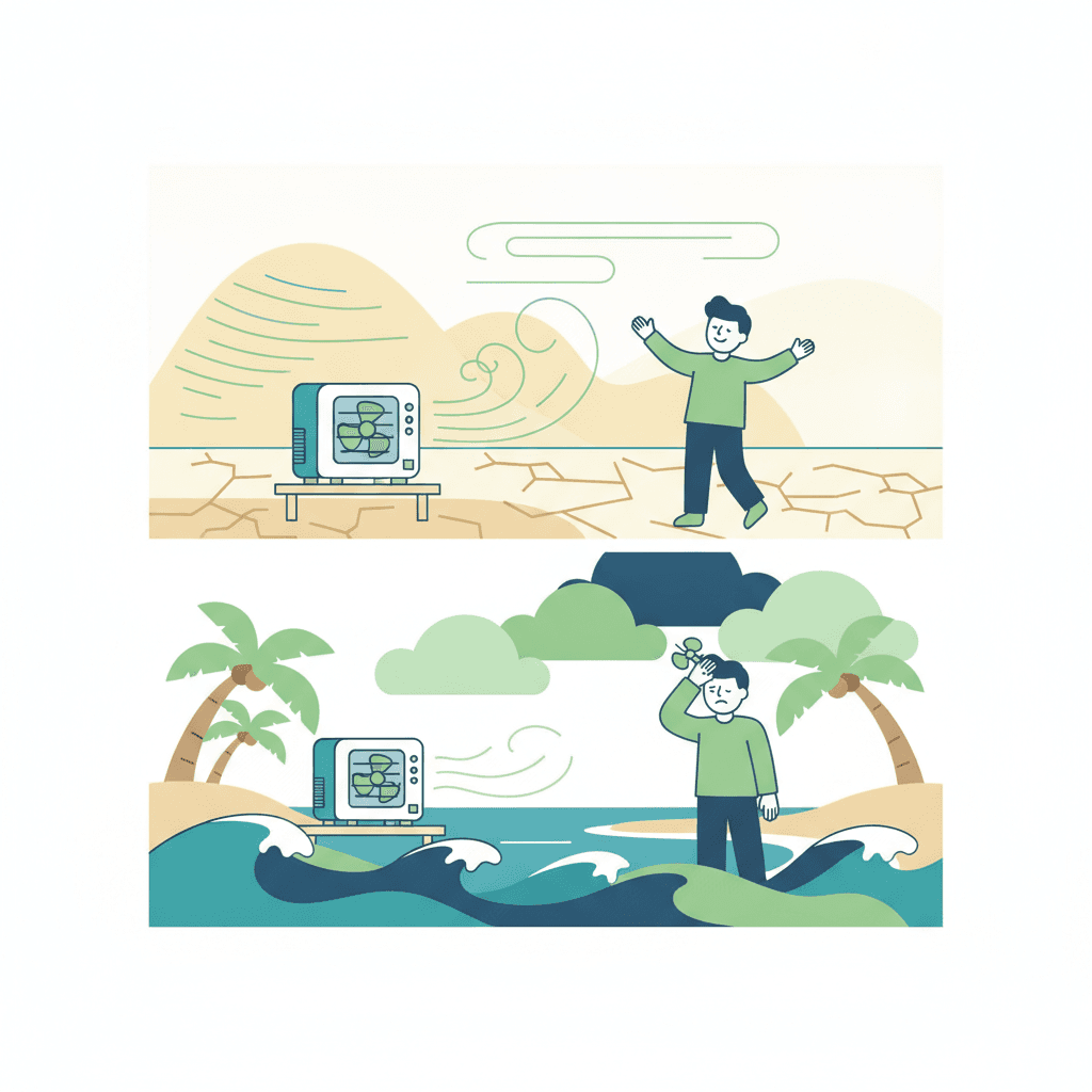 Ilustración vectorial plana, sin texto, comparando dos viviendas: una en clima interior seco donde el climatizador evaporativo funciona bien y otra en costa húmeda donde apenas refresca