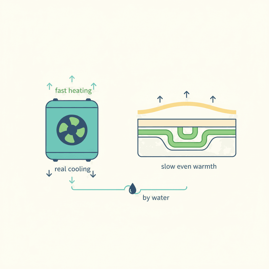 Ilustración vectorial plana comparando tres emisores de una instalación de aerotermia: suelo radiante bajo el pavimento, un radiador de pared y un fancoil con ventilador, sin texto