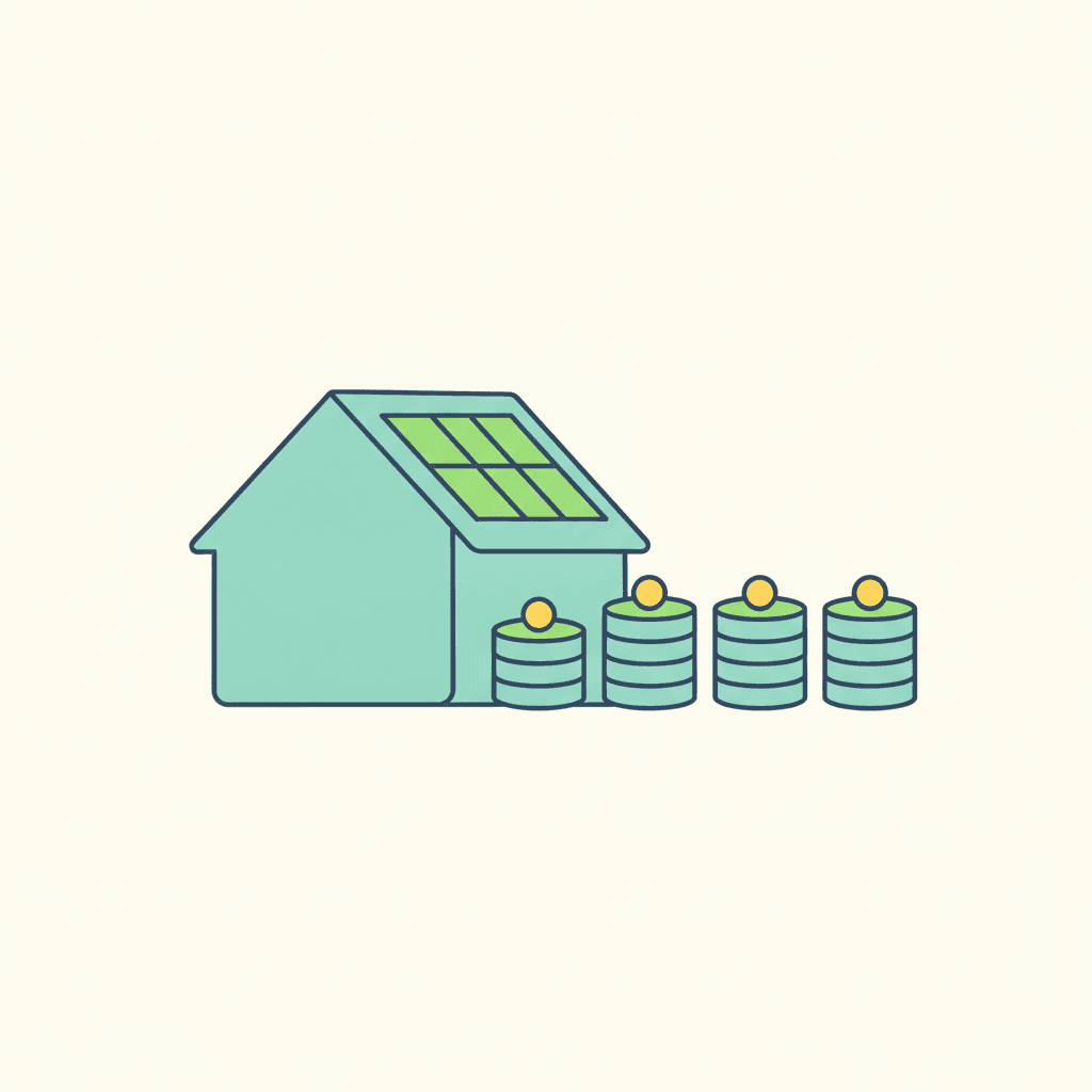 Vivienda con placas solares en el tejado junto a un icono de documento de préstamo y una moneda, representando la financiación de una instalación solar