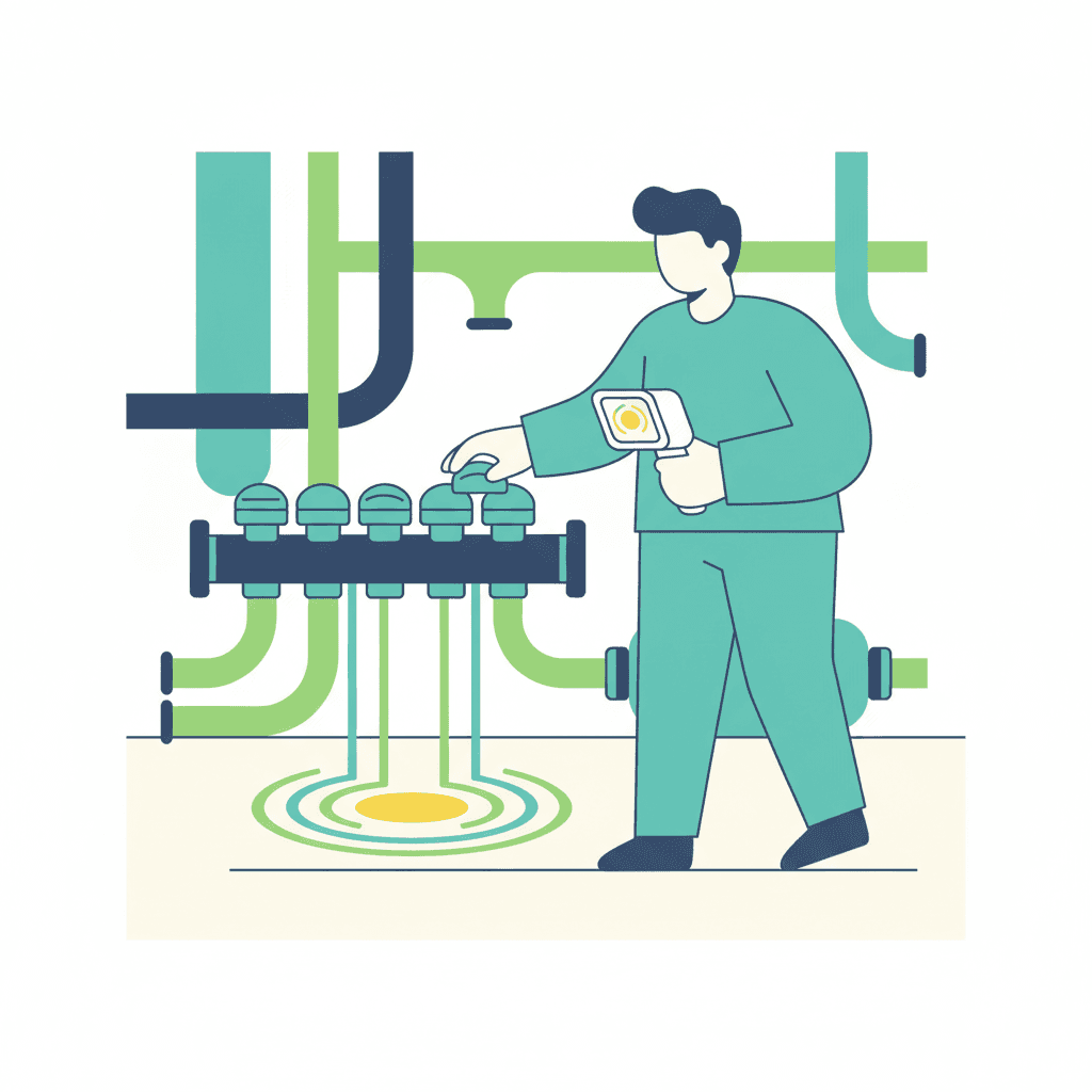 Ilustración vectorial plana de un técnico junto a un colector de suelo radiante con llaves de circuito y una cámara termográfica mostrando un punto caliente en el suelo, sin texto