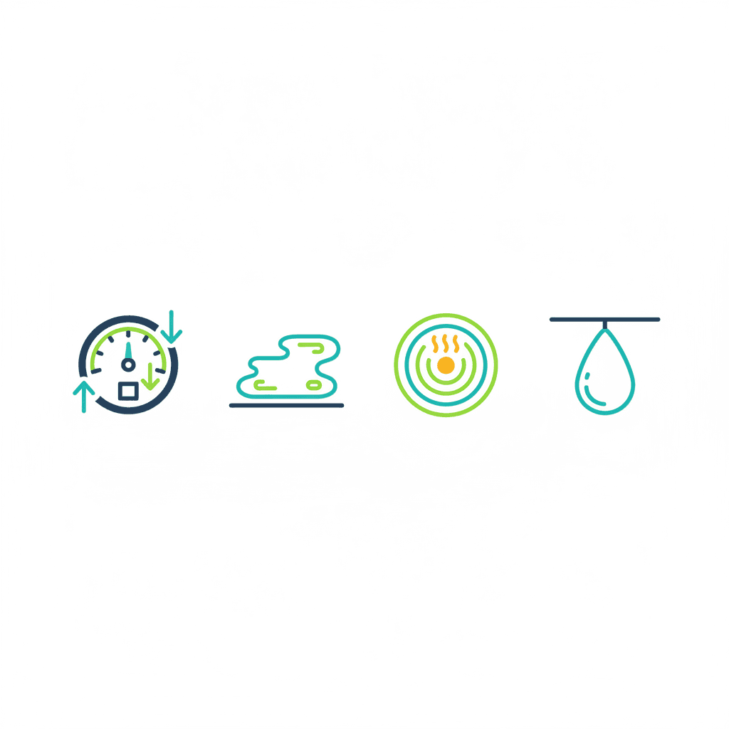Ilustración vectorial plana con iconos de las señales de una fuga en suelo radiante: un manómetro con la aguja bajando, una mancha de humedad en el suelo y una zona del pavimento con calor concentrado, sin texto