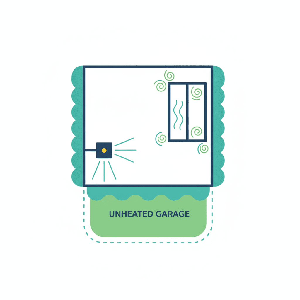 Ilustración vectorial plana con iconos de las causas de una habitación fría: una pared esquinera, un suelo sobre un garaje, un puente térmico con mancha de humedad y una ventana con corriente de aire, sin texto