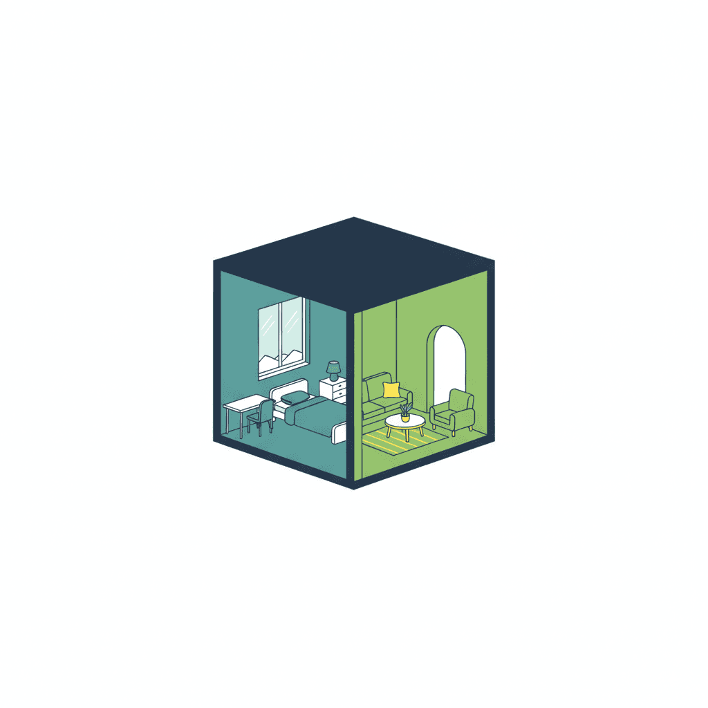 Ilustración vectorial plana de una vivienda en corte con una habitación esquinera más fría que el resto, mostrando pérdidas de calor por las paredes, el suelo y la ventana, sin texto