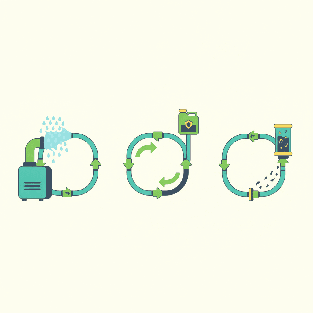 Ilustración vectorial plana de un técnico realizando un lavado dinámico o power flushing en un circuito de calefacción con radiadores y un filtro desfangador magnético, sin texto