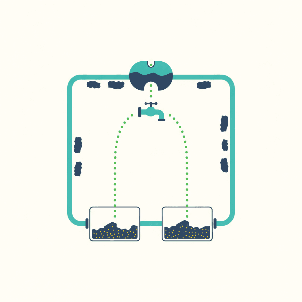 Ilustración vectorial plana del origen del lodo: un circuito cerrado de calefacción con una junta y un vaso de expansión dejando entrar oxígeno que oxida el metal, sin texto