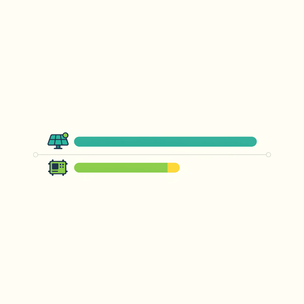 Diagrama comparando la vida útil de los paneles solares frente a la del inversor en una línea de tiempo