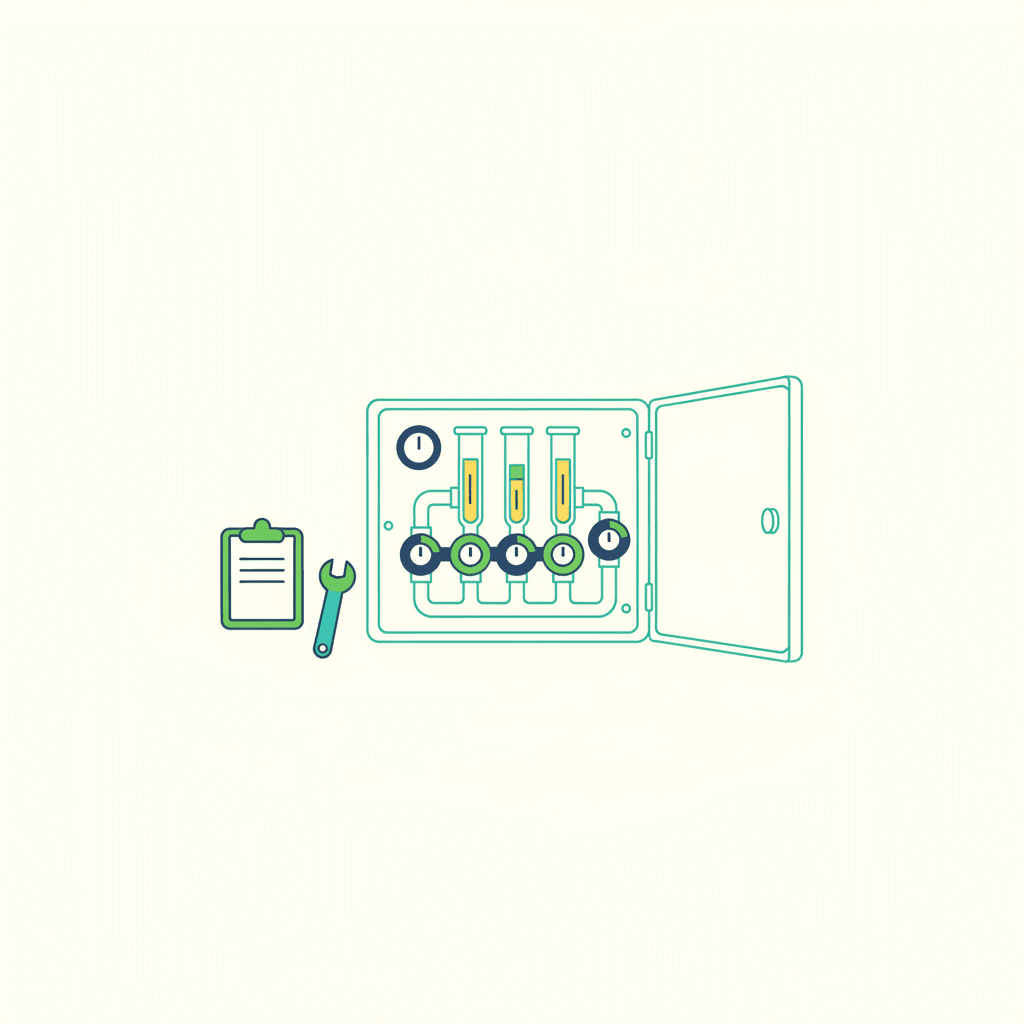 Ilustración vectorial plana de una persona revisando el manómetro de presión de una instalación de suelo radiante junto al colector, sin texto