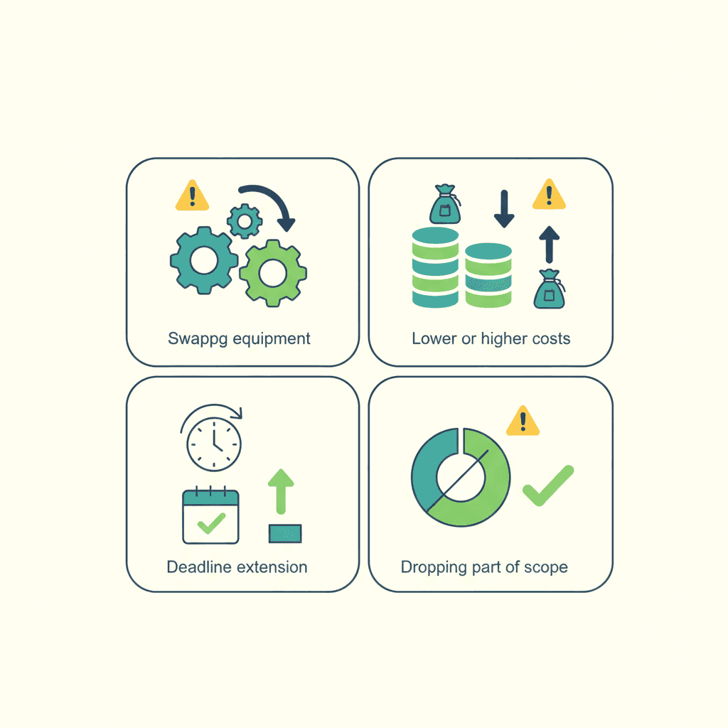 Ilustración vectorial plana con iconos de los distintos tipos de cambio en un proyecto con subvención: un equipo de climatización, una etiqueta de importe, un calendario y una lista de actuaciones, sin texto