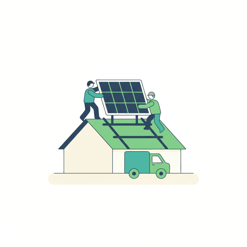 Técnico de una empresa instaladora completando el montaje de una instalación de placas solares en la cubierta de una vivienda, con el inversor y el cuadro eléctrico al fondo