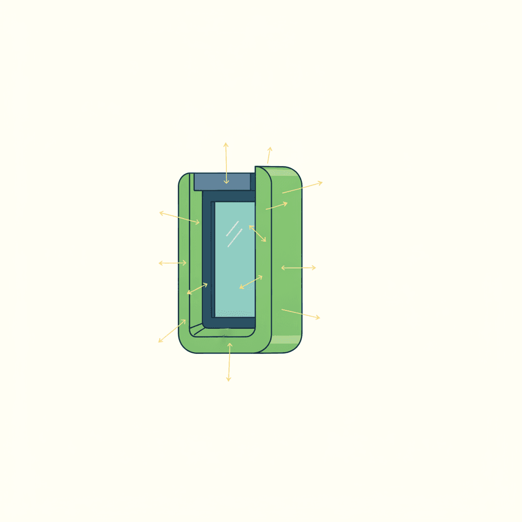 Ilustración vectorial plana de una fachada señalando una jamba de ventana, un canto de forjado y un muro irregular como puntos donde encaja el mortero aislante, frente al resto del paño marcado como zona que necesita el aislamiento principal