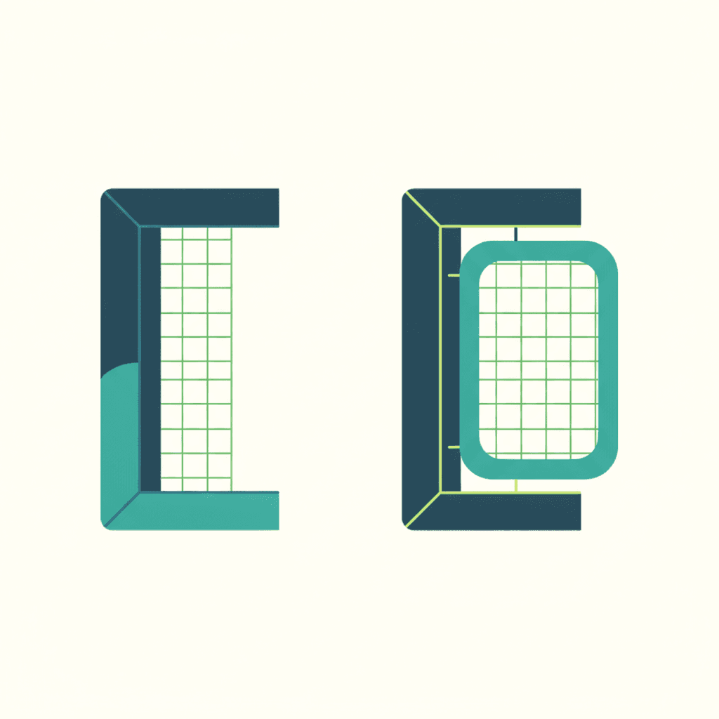 Ilustración vectorial plana comparando en corte una mosquitera integrada dentro del perfil de la ventana y una mosquitera superpuesta añadida sobre el marco exterior, sin texto