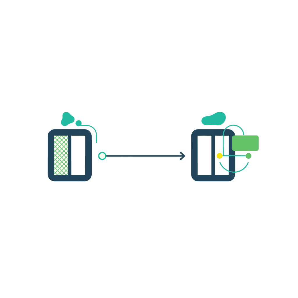 Ilustración vectorial plana de una vivienda mostrando el momento de pedir la mosquitera, junto con la ventana nueva en fabricación o después como pieza independiente, sin texto