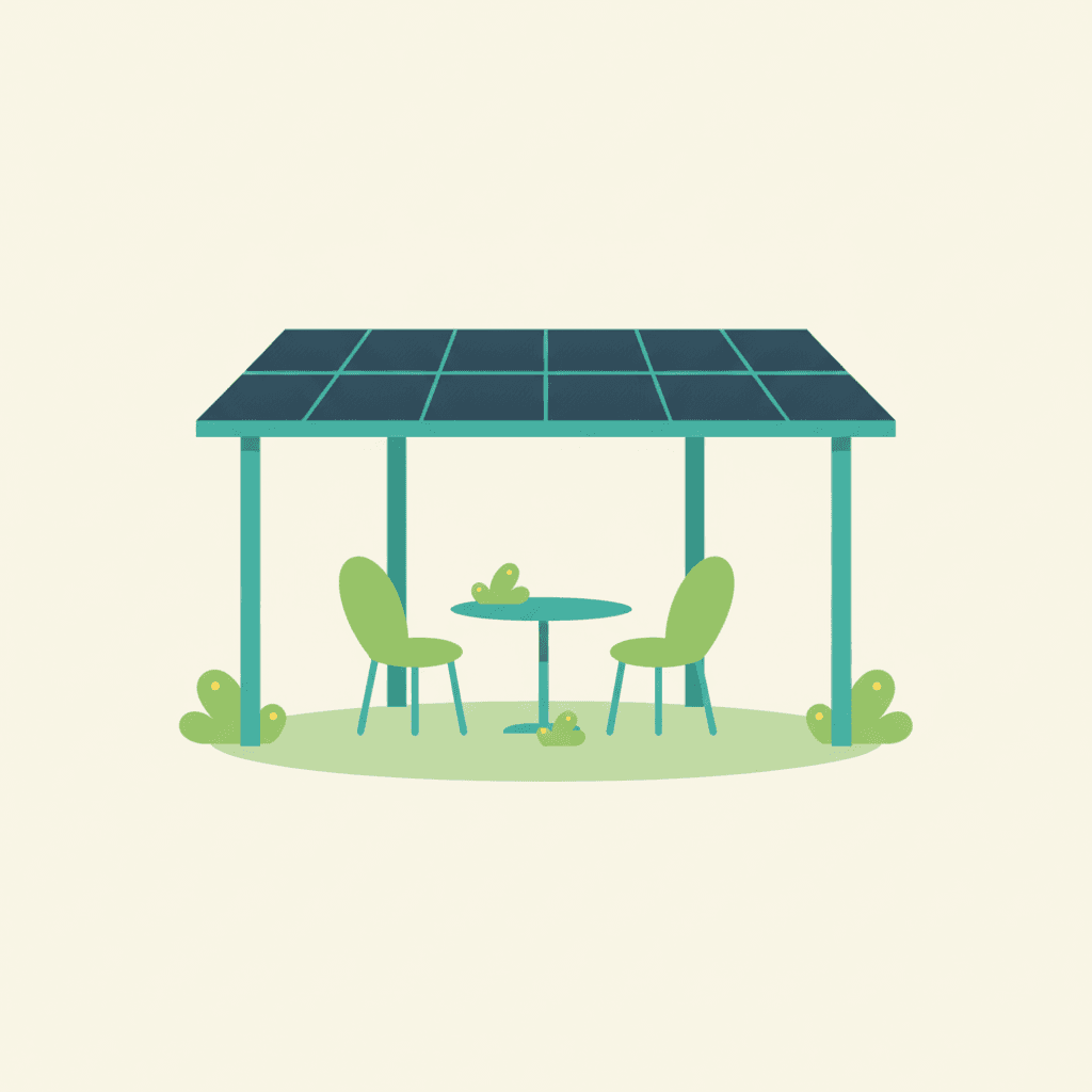 Pérgola solar fotovoltaica sobre una terraza, con paneles integrados como cubierta
