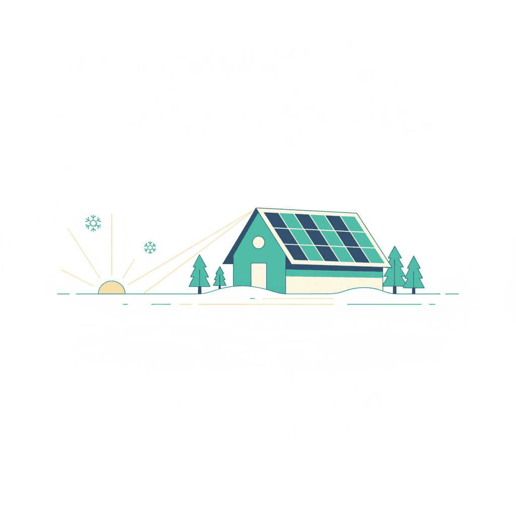 Placas solares en el tejado de una casa en un día frío y despejado de invierno, con el sol bajo