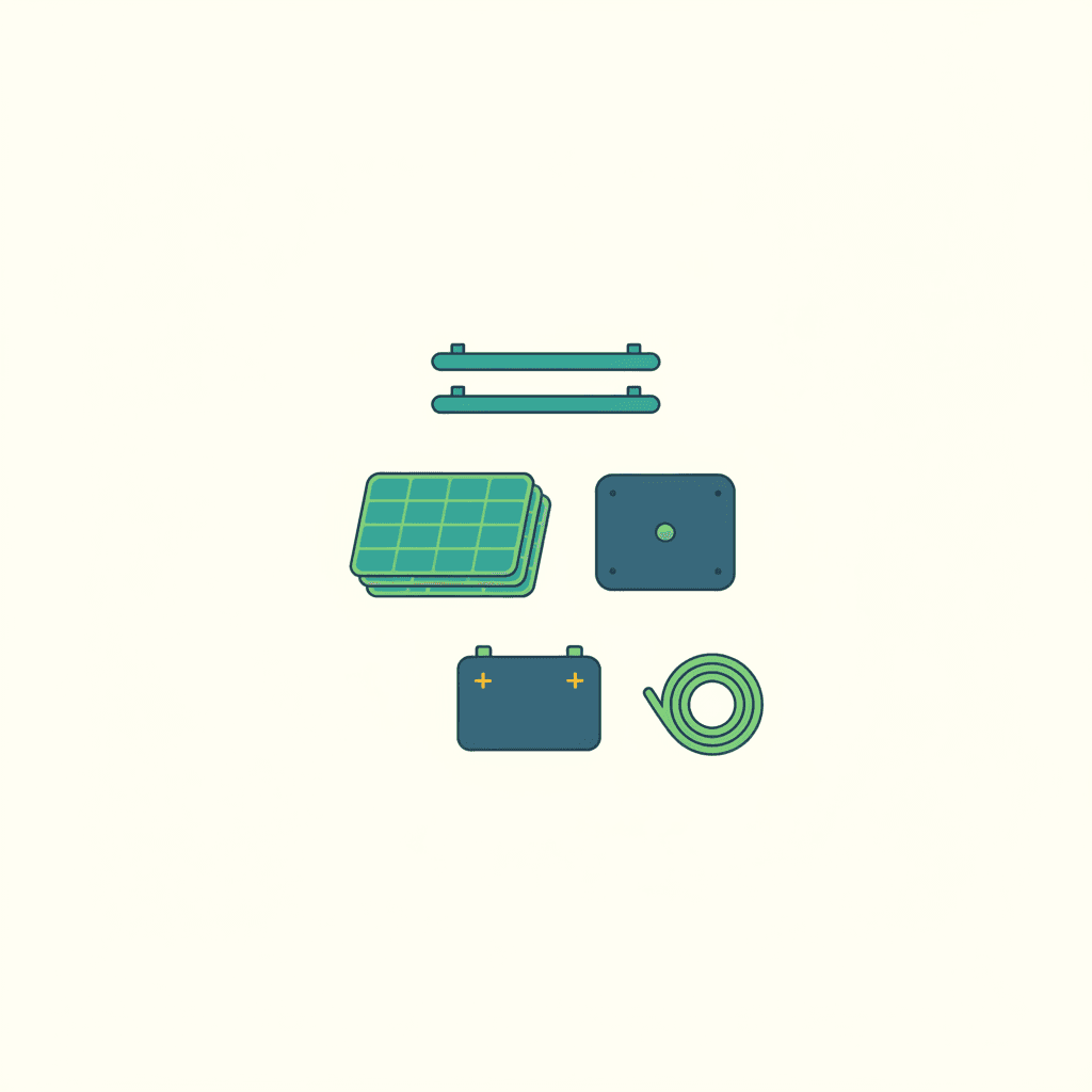 Esquema del kit tipo de placas solares para una casa de 100 m²: 10-12 paneles, inversor y estructura, con y sin batería