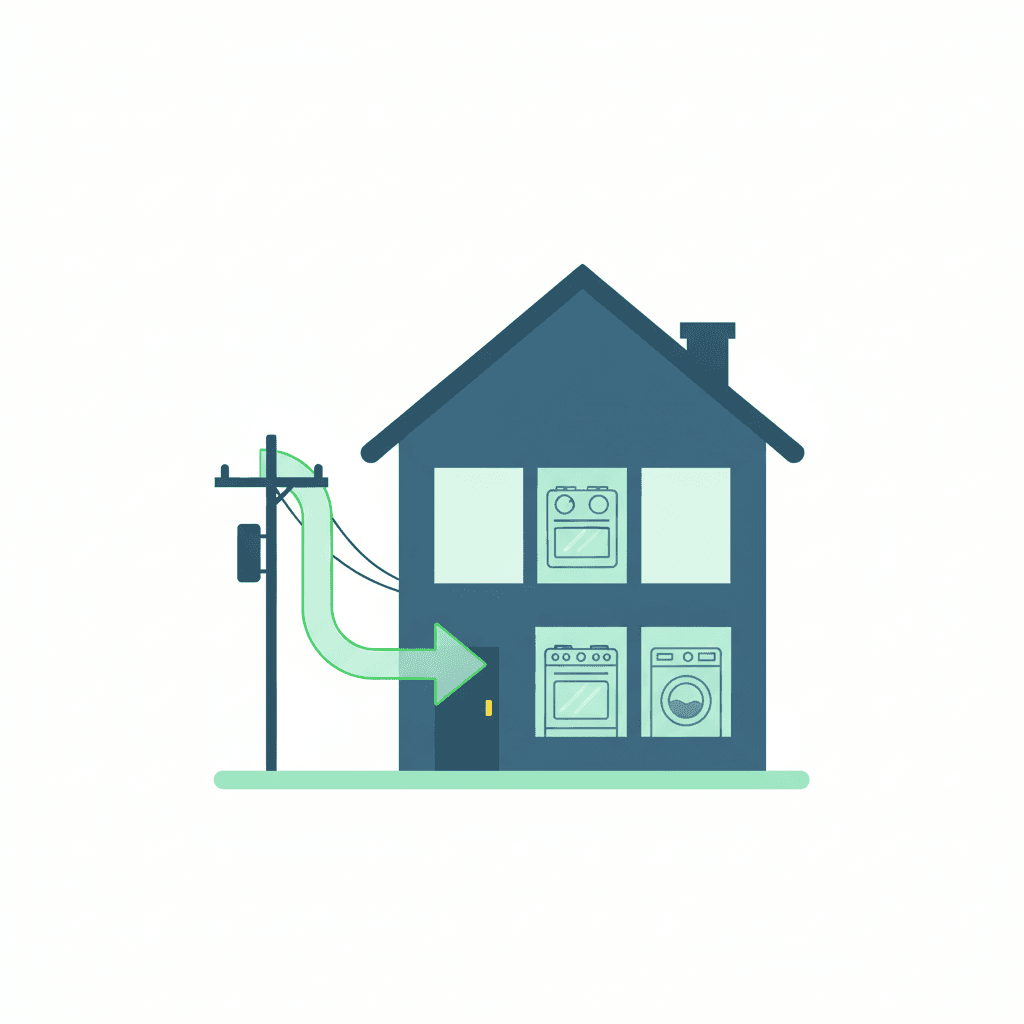 Una casa con varios electrodomésticos grandes encendidos a la vez de noche tirando de la red eléctrica