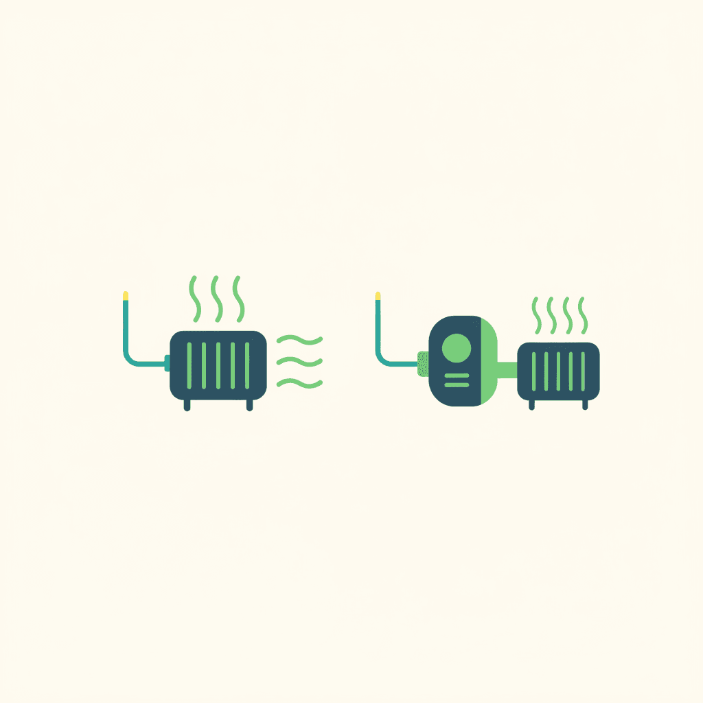 Ilustración vectorial plana comparando un radiador eléctrico con una flecha de una unidad de electricidad a una unidad de calor, y un radiador de agua con una bomba de calor mostrando varias unidades de calor por una de electricidad, sin texto