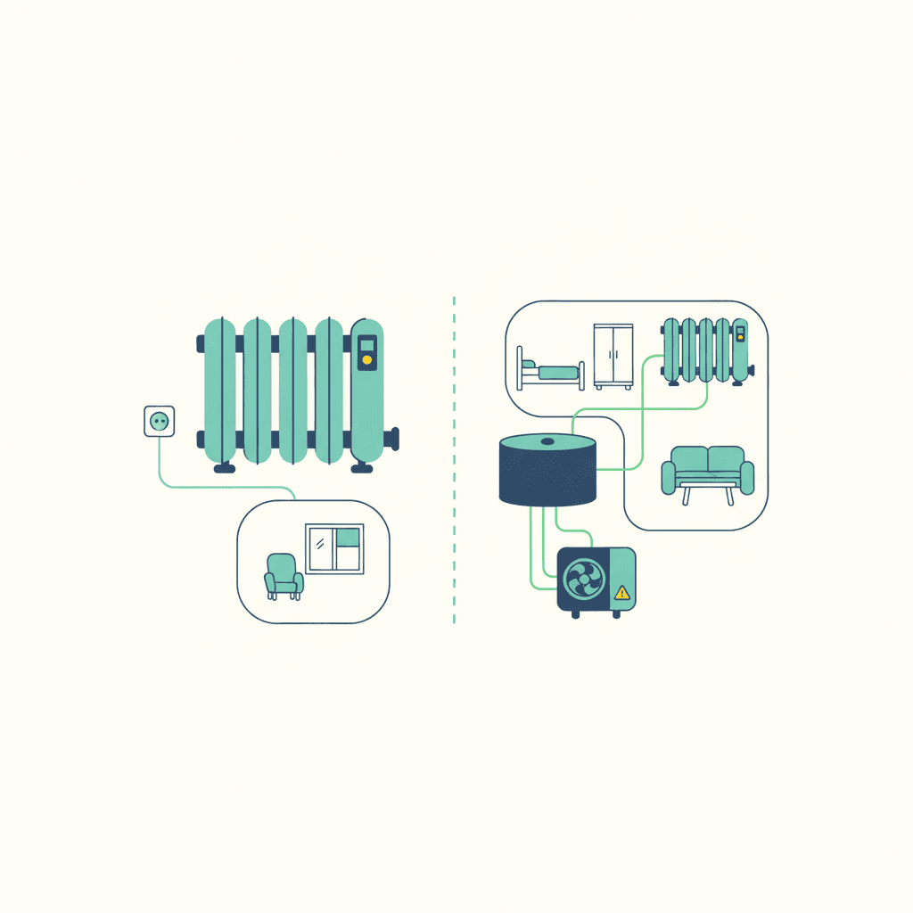 Ilustración vectorial plana con iconos de una segunda residencia, un baño pequeño y un enchufe, representando los usos puntuales donde compensa el radiador eléctrico, sin texto