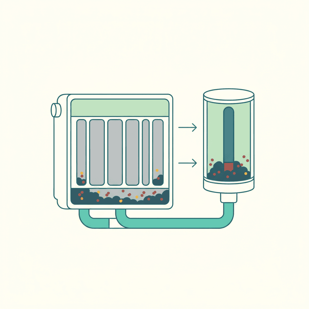 Ilustración vectorial plana de un radiador en corte mostrando una capa de lodo y sedimentos depositada en el fondo, con un filtro desfangador magnético instalado en la tubería de retorno, sin texto