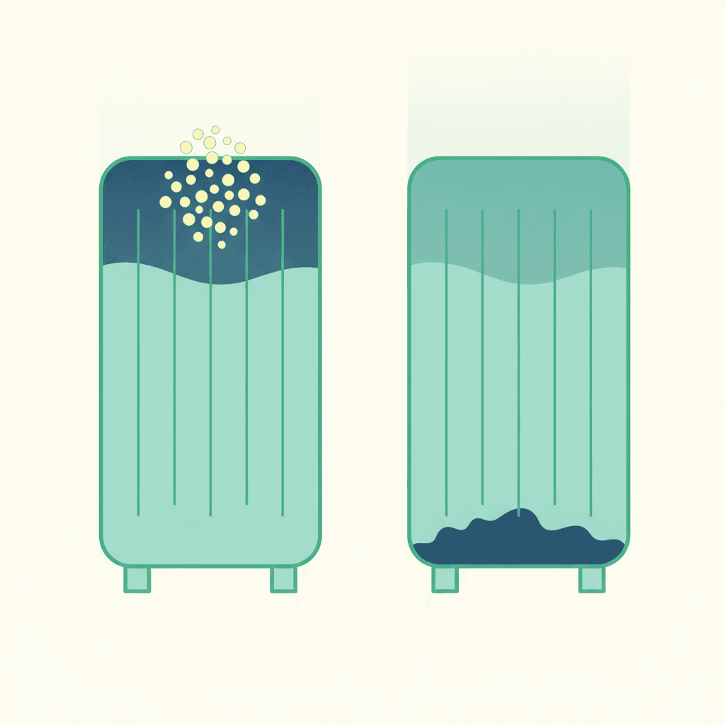 Ilustración vectorial plana con cuatro radiadores esquemáticos mostrando cada patrón de temperatura: frío arriba, frío abajo, frío entero y todos tibios, con iconos de color para caliente y frío, sin texto