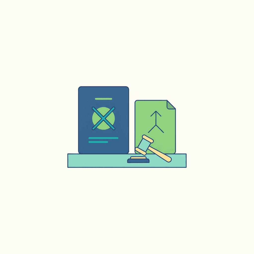 Ilustración vectorial plana de una persona leyendo una carta de denegación junto a un documento con un sello administrativo y una balanza simbólica, sin texto