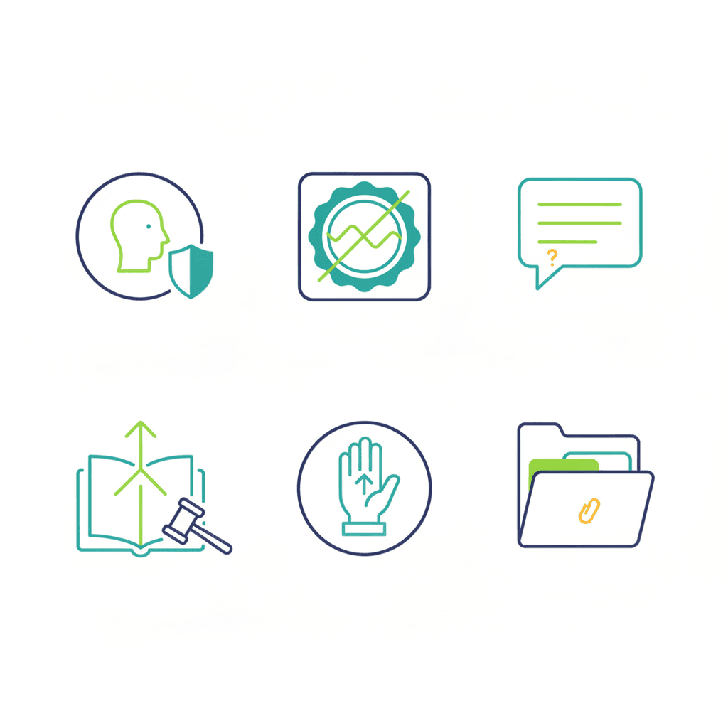 Ilustración vectorial plana de un escrito con apartados diferenciados (identificación, hechos, fundamentos, petición) junto a una carpeta de documentación, sin texto