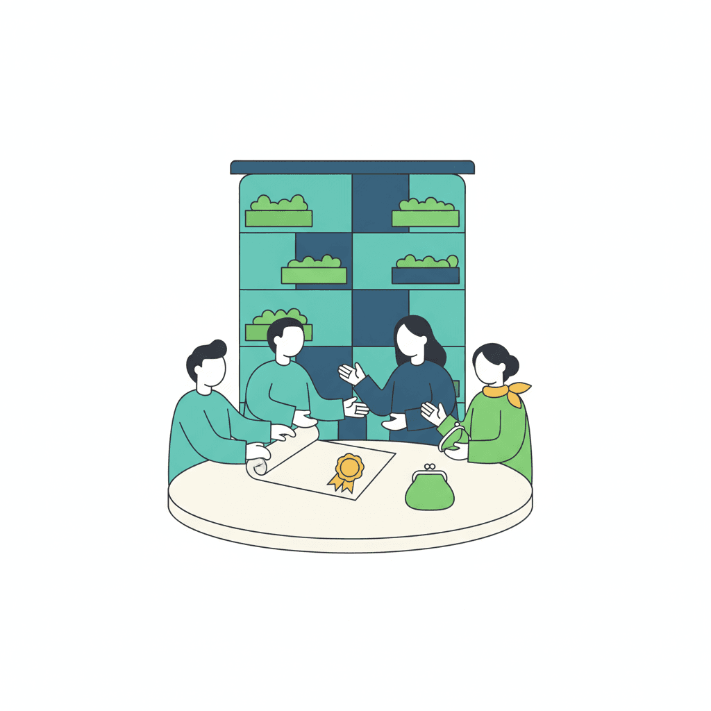 Ilustración vectorial plana de un edificio de viviendas con una balanza repartiendo monedas de forma proporcional entre los distintos pisos, sin texto