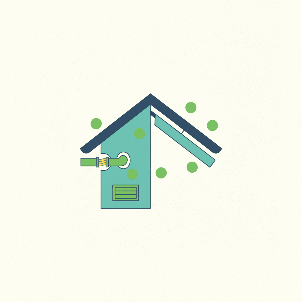 Ilustración vectorial plana con iconos de los puntos de acceso de roedores en una vivienda: un hueco de paso de tubos y cables, una rejilla de ventilación sin malla y una gatera en la base de una cámara ventilada, sin texto