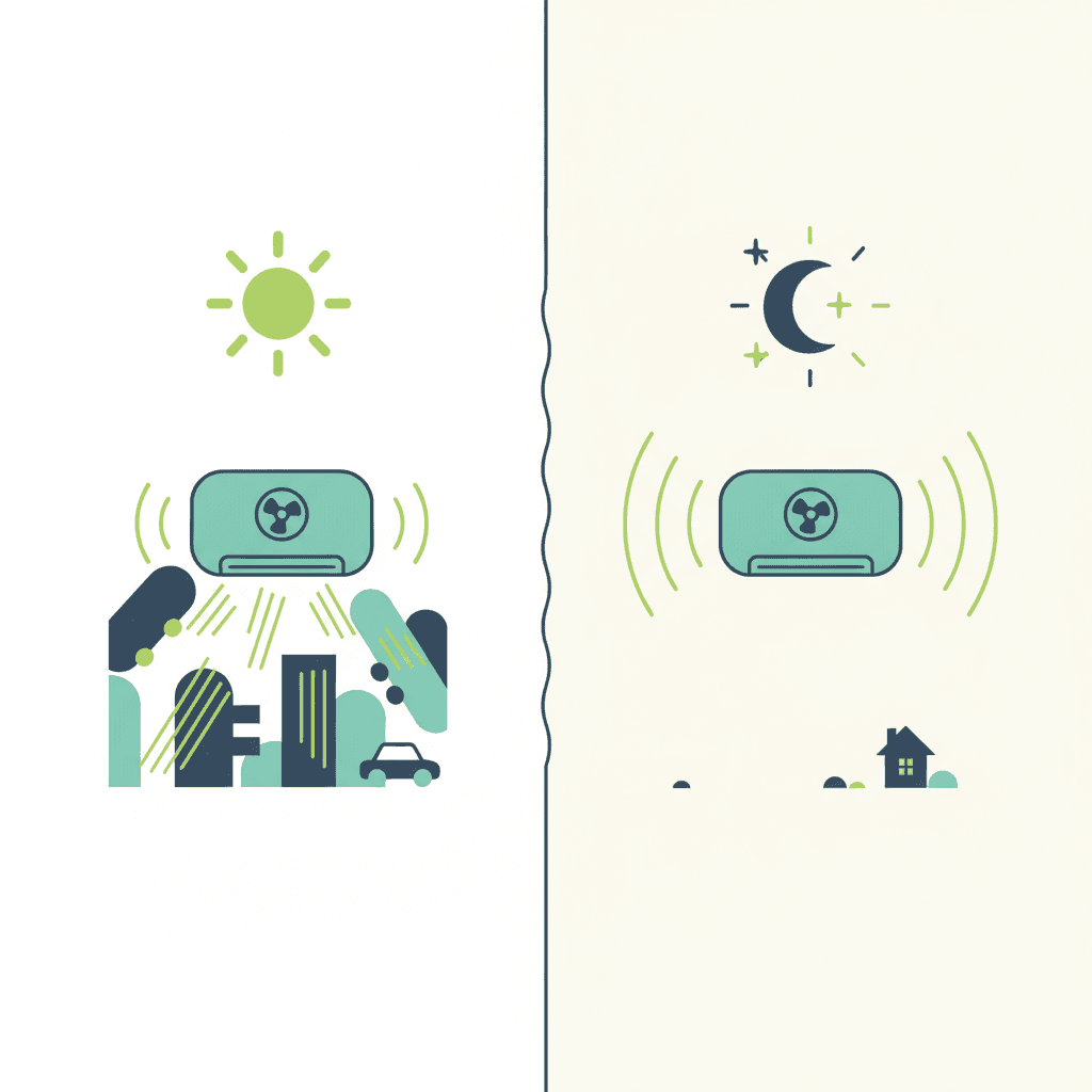 Ilustración vectorial plana comparando el horario de uso: un aire acondicionado funcionando de día en verano con ruido de calle de fondo, y una aerotermia funcionando de noche en invierno en un vecindario en silencio, sin texto